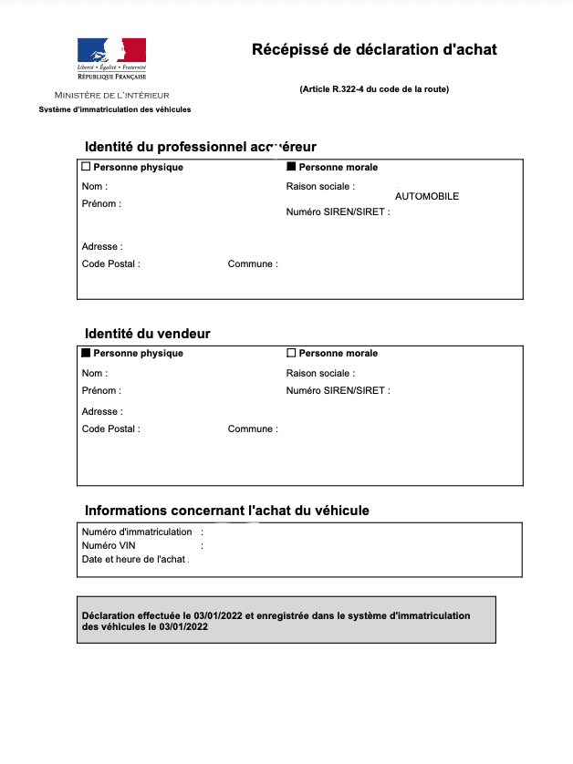 récépissé déclaration d'achat
