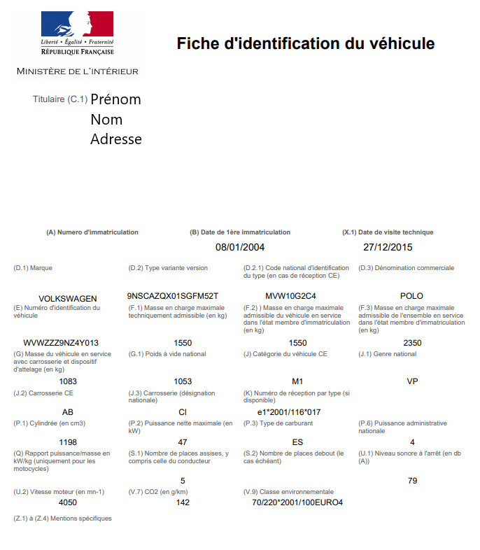 fiche d'identification du véhicule fiche d'identification du véhicule