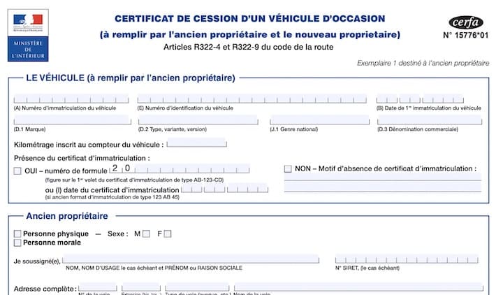 'occasion certificat de cession partie information du véhicule